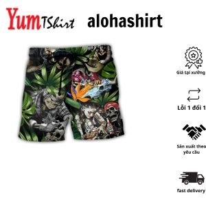 Tatoo Skull Style With Girl Aloha Hawaiian Beach Shorts