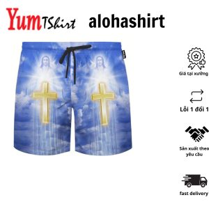 Tropical Testament Unveiling Jesus God’s Majesty on Sacred Beach Shorts